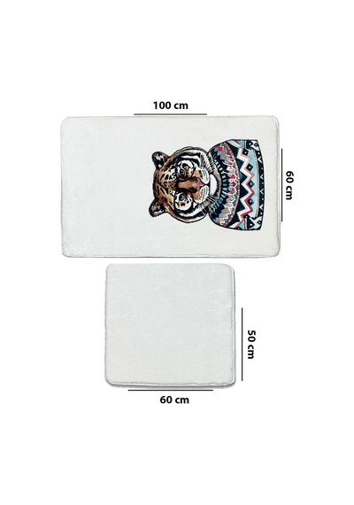 Logwe Ekru 2li Nakışlı Banyo Paspası ,kaymaz Tabanlı 60x100 50x60 Cm Ekru-ikili