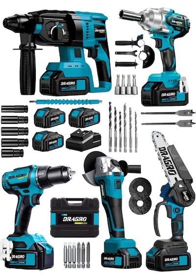 Dragro Alman DRG-5LST Kömürsüz 5 x 3 5'li Set Kırıcı Delici + Somun Sıkma + Taşlama Makinesi + Matkap + Dal Budama + 3 Akülü