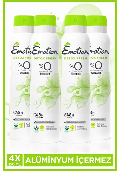Detox Fresh Kadın Alüminyumsuz Vegan Deodorant 4x150 ML Hızlı Kurur, Leke Bırakmaz