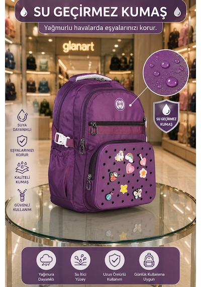 3'lü Set Çocuk İlkokul Çantası+ Kalemlik+ Beslenme Delikli Model Relaxio 1 Adet Mürdüm