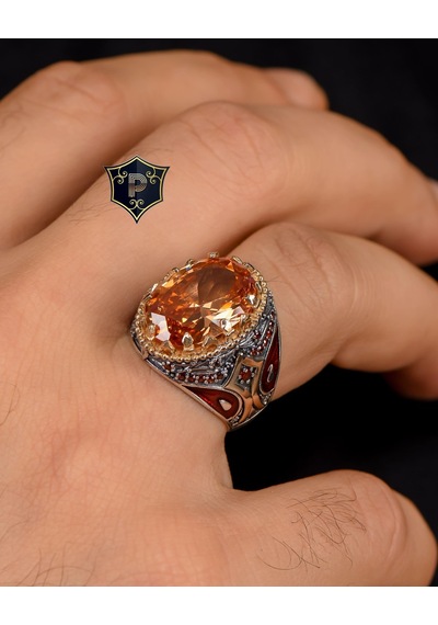 Prestij Gümüş 925 Ayar Gümüş Şampanya Topaz Taşlı Zirkon Taş Süslemeli Erkek Yüzüğü
