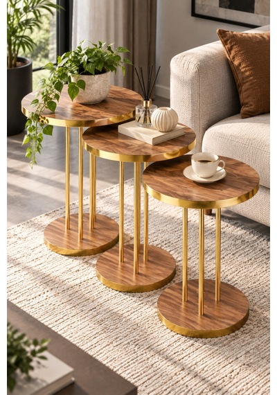 Sulorahome Ceviz Desenli Gold Metal Ayaklı 3'lü Zigon Sehpa Takımı Altın - Kahverengi