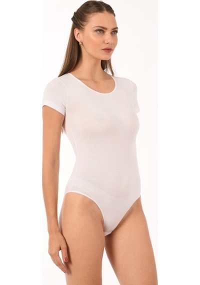 Lirona Fit Kesim - Bisiklet Yaka Kısa Kol Kancalı Body, Tesettür Body So Beyaz