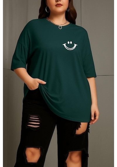 Büyük Beden Gülücük Baskılı Unisex Tişört Yeşil