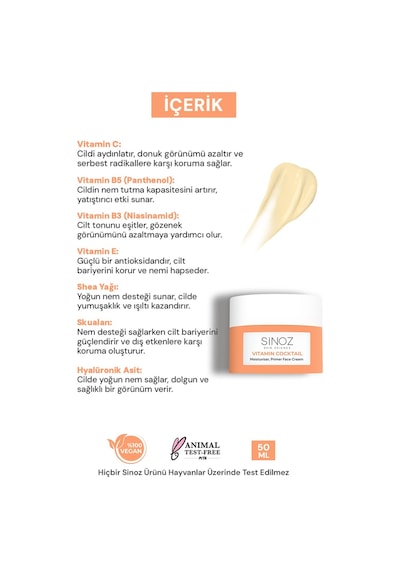 Sinoz Vitamin Kokteyl Nemlendirici Besleyici Onarıcı Yüz Kremi ve Makyaj Bazı 50 ML