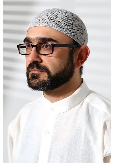 Makine Örgüsü Dantel Detaylı Namaz Takkesi Gri Gri
