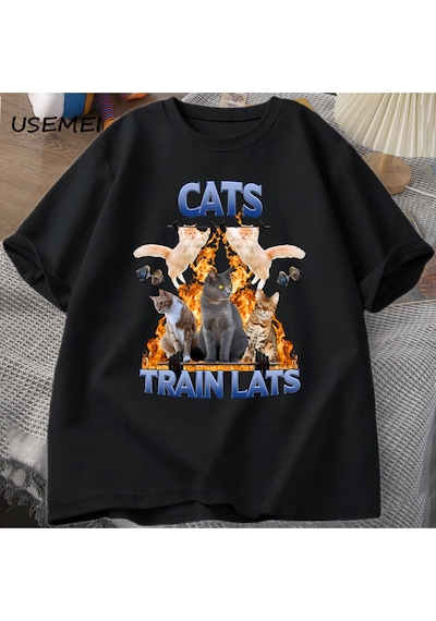 Flood Of Style Kedi Tren Lats Graphci T Shirt Komik Spor Adam Giysileri Tshirt Boy Rahat Pamuk Kısa Kollu Ti Siyah