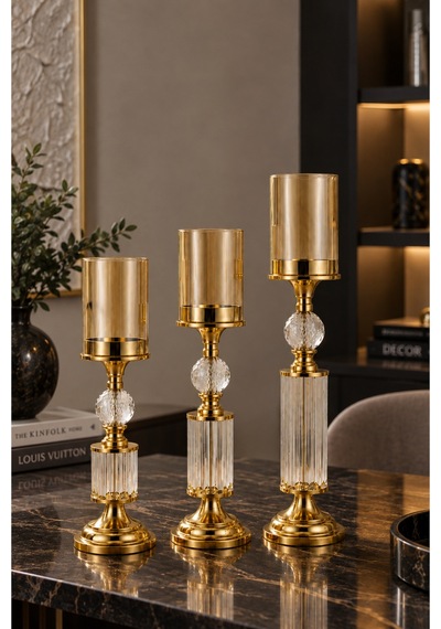 Kristal Ve Cam Detaylı Metal Şamdan Sarı
