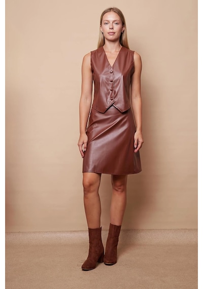 JUMENT Kadın Hafif Likralı Deri Yüksek Bel Diz Boy Çan Etek-taba Taba