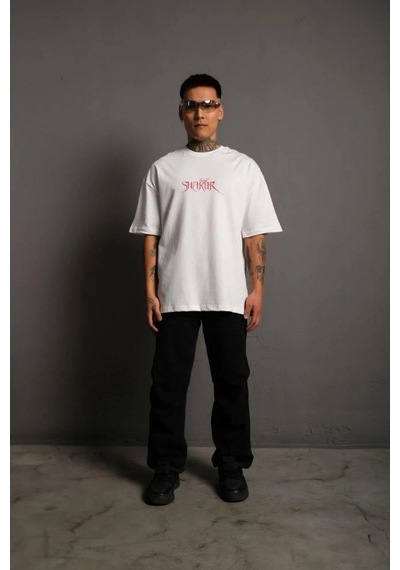 Erkek Baskılı T-shirt Oversize Kısa Kol Bisiklet Yaka Tişort - Beyaz Beyaz