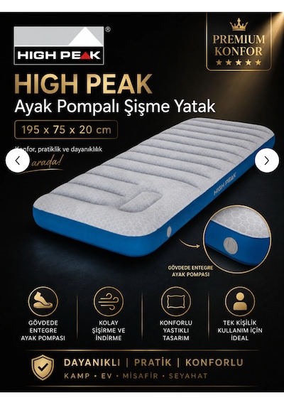 High Peak Airbed Single Cross-beam Extra Long Ayak Pompalı Tek Kişilik Şişme Yatak 195x75x20 Cm Beyaz - Mavi