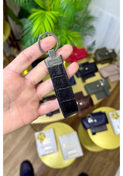 Premium Deri Ruhsat Kılıfı Ve Anahtarlık Seti Siyah Croco