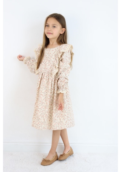 Miababy Rosetan Keten Elbise 1-8 Yaş Kahverengi
