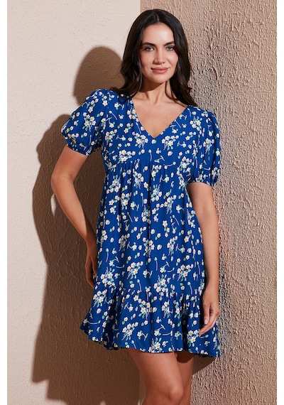 Lela Regular Fit V Yaka Balon Kol Desenli Mini Bayan Elbise 67810045 Koyu Mavi
