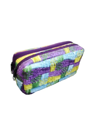 Renkli Desenli Çift Fermuarlı Makyaj Çantası Kalemlik Clutch Mor Yeşil Sarı Mavi Patchwork Desen