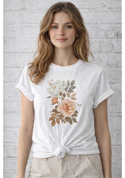 Herkesemoda Soft Çiçekler Baskı Detaylı Basic T-shirt Beyaz