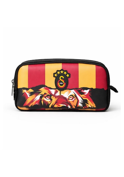 Galatasaray Lisanslı Aslan Gözü Desenli Çift Bölmeli Kalemlik - Rubber Logolu Su İtici Kumaşlı Kalem Kutusu Sarı - Kırmızı