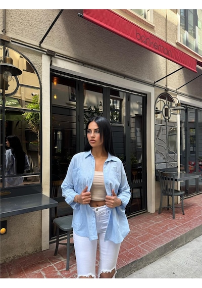 WeShaya Mavi Cepli Oversize Viskon Gömlek Mavi