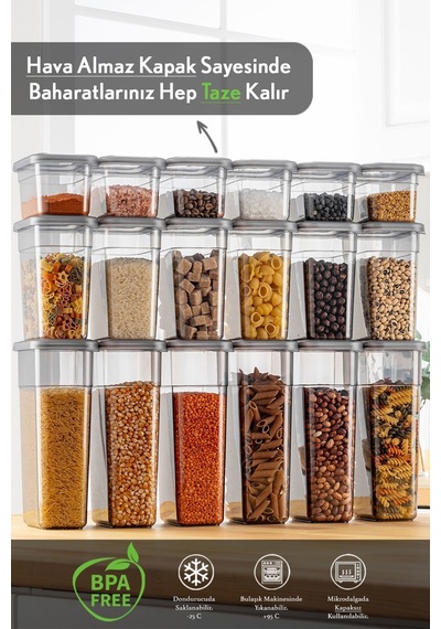 18'li Sızdırmaz Kapak Kaşıklı Saklama Kabı Seti - Etiketli Baharatlık - 6x 580 Ml, 1100 Ml, 1580 Ml