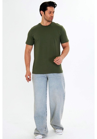 Trendhill Erkek Haki Pamuklu Bisiklet Yaka Büyük Beden T-shirt Hki5014b