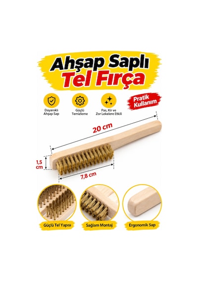Ahşap Saplı Tel Fırça Pirinç Çelik Tel Fırça Pas Boya Kir Temizleme Fırçası 20 Cm