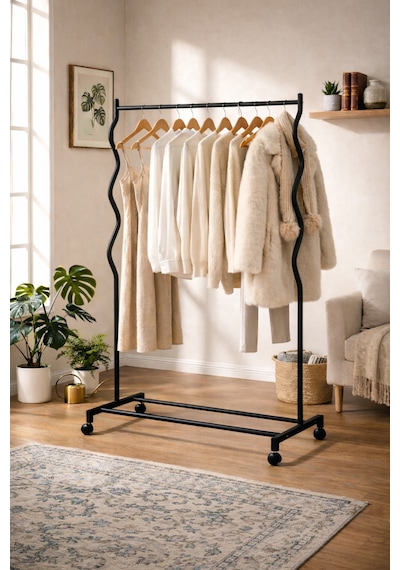 Modern Lüks Desenli Metal Tekerlekli Konfeksiyon Askılığı Kıyafet Askısı Stand Altın