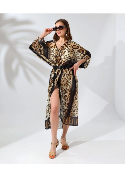 Kadın Rahat Kesim Şifon Kimono - Leopar Çok Renk
