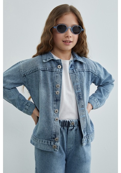 Fullamoda Taşlı Beli Lastikli Kız Çocuk Jean 3 Lü Takım Mavi