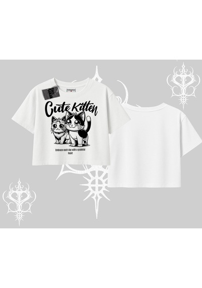 Tarzsokak Cute Kitten Yazılı Sevimli Kedi Baskılı Oversize Crop Tshirt Beyaz