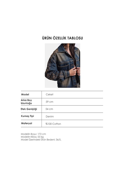 Kadın Koyu Kot 4w6-32 Oversize Nakış Detaylı Tasarım Denim Ceket
