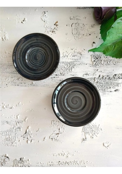 Madam İzmir Winter 6'lı Siyah Çay Tabağı - Modern Spiral Desenli Şık Sunum Tabağı Siyah