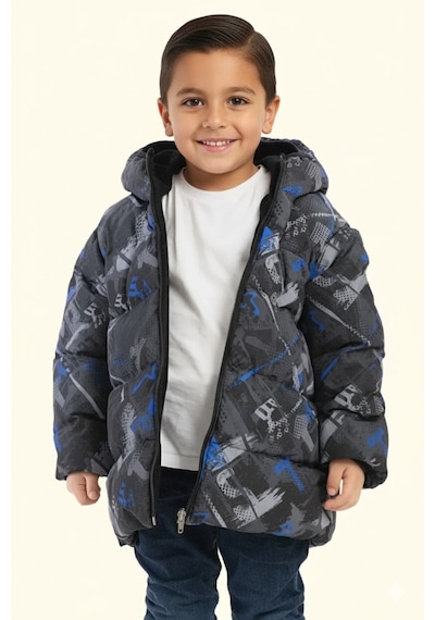 Blayn Jeans Kapüşonlu Desenli Su Geçirmez Çocuk Şişme Mont Gri