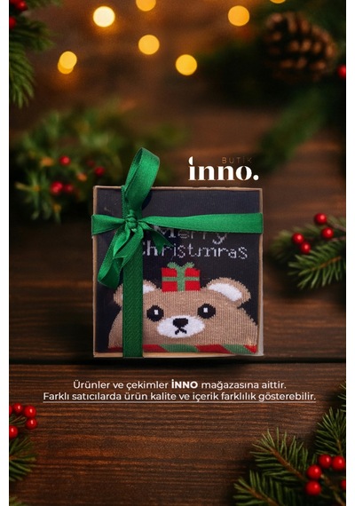Inno Yılbaşı Desenli Noel Babalı Hediyelik Kraft Kutulu Çorap Tekli Kahverengi