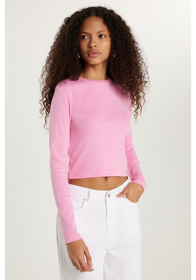 Tudors Kadın Slim Fit Dar Kesim Bisiklet Yaka Pembe Bluz-33370 Pembe