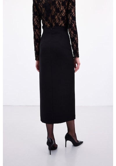 Sateen Yırtmaçlı Midi Etek - Siyah-136986 Siyah