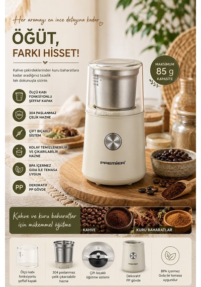 Premier PCG 9701 150 W Çıkarılabilir Paslanmaz Çelik Hazneli Kahve Ve Baharat Öğütücü