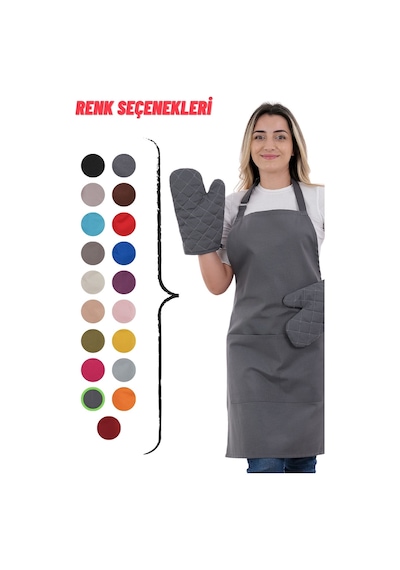 Simple 3lü Set Ayar Askılı Cepli Mutfak Önlüğü Seti 2 Eldiven Şef Garson Kafe Aşçı Barista Füme