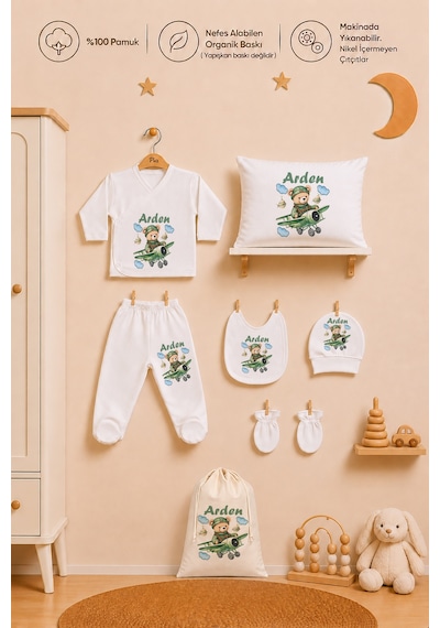 Pia Baby Erkek Bebek Hastane Çıkışı 8 Parça %100 Pamuk İsimli Organik Baskılı Kese Hediye Zıbın Seti 1014zybk3x Ekru
