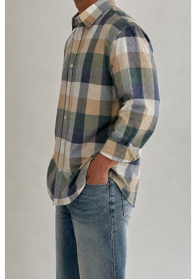 Cool Tarz Erkek Ekose Desenli Oxford Regular Fit Uzun Kollu Gömlek Krem Krem
