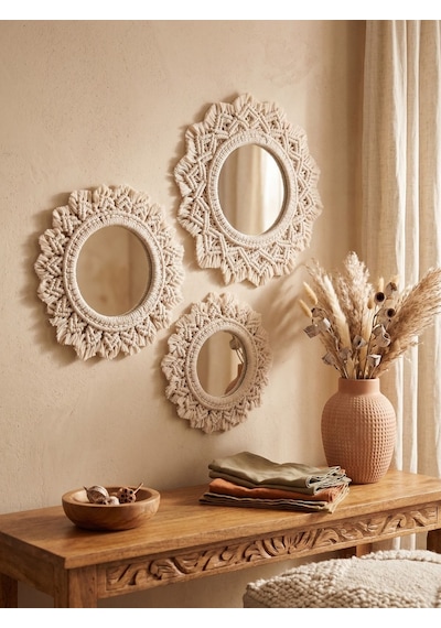 Sonbahar Esintisi Makrome Duvar Aynası Kombini 3'lü Lüks Set 16-18-20 Cm - Ekru Diğer