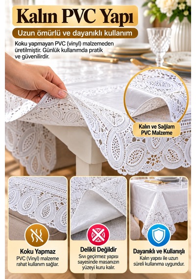 Beyaz 120x152 Cm Dantel Görünümlü Pvc Masa Örtüsü Sıvı Geçirmez Silinebilir Mutfak Masa Örtüsü Lüks