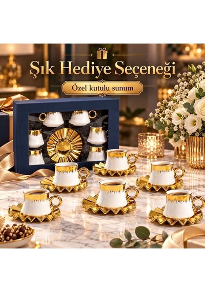 6 Kişilik 12 Parça Türk Kahvesi Fincan Seti 100 Ml Beyaz Gold Detaylı Porselen Çok Renkli