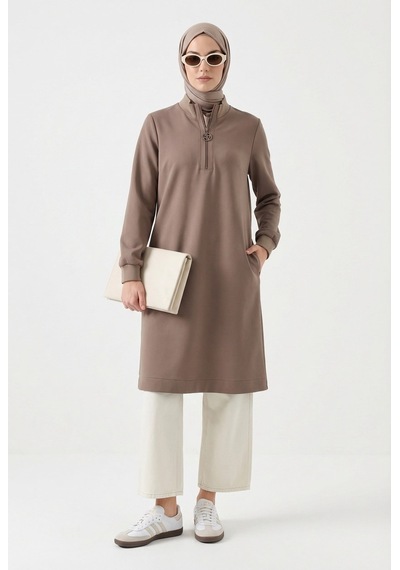Armine Fermuar Detaylı Basic Tunik Vizon