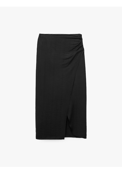 Koton Slim Fit Viskon Kruvaze Yırtmaç Detaylı Midi Etek Siyah 7wak70040pw