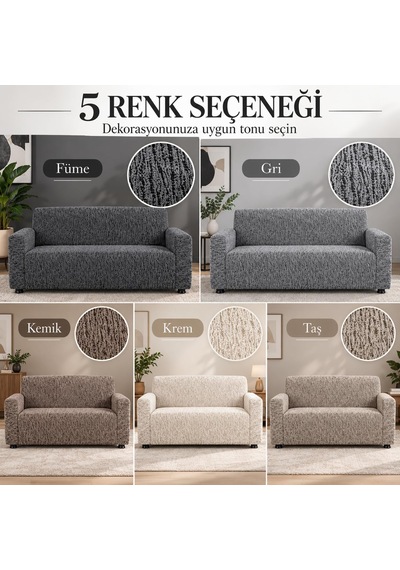 Altınkoza Koltuk Örtüsü - 3+3+1+1 Takım -%100 Pamuklu Esnek Streç Kumaş - Her Tip Kanepeye Uyumlu - Salon Oturma G Çok Renkli