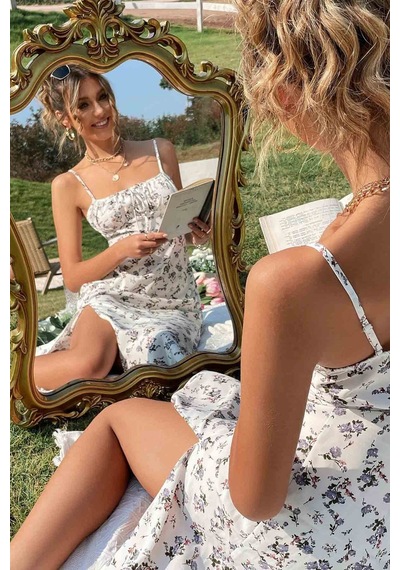 Merry See Yırtmaçlı Çiçek Desenli Midi Elbise 001