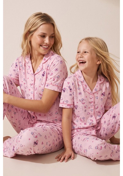 Siyah İnci Hello Kitty Lisanslı %100 Pamuk Pembe Çok Renkli Düğmeli Biyeli Pijama Takım 26120451
