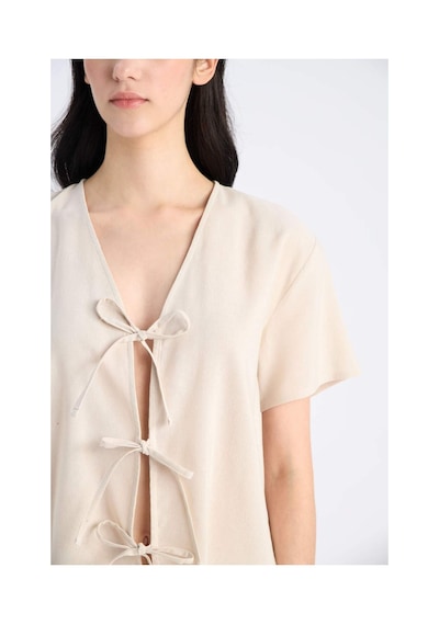DeFacto Pijama Takımı Keten Kısa Kollu Üst Esnek Belli Alt-Fall in Love E3571AX25SPBG778