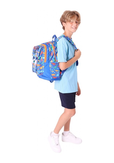 Kaukko Kids Erkek Çocuk Armalı Dinazor Desenli İlkokul Okul Sırt Çantası Dört Bölmeli - Mavi - L5278 MAvi