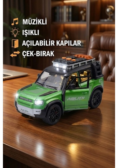 Yeşil Sesli Işıklı Çek Bırak Defender Model Oyuncak Jip - Kapıları Açılan Lüks Arazi Aracı 17 Cm Çok Renkli